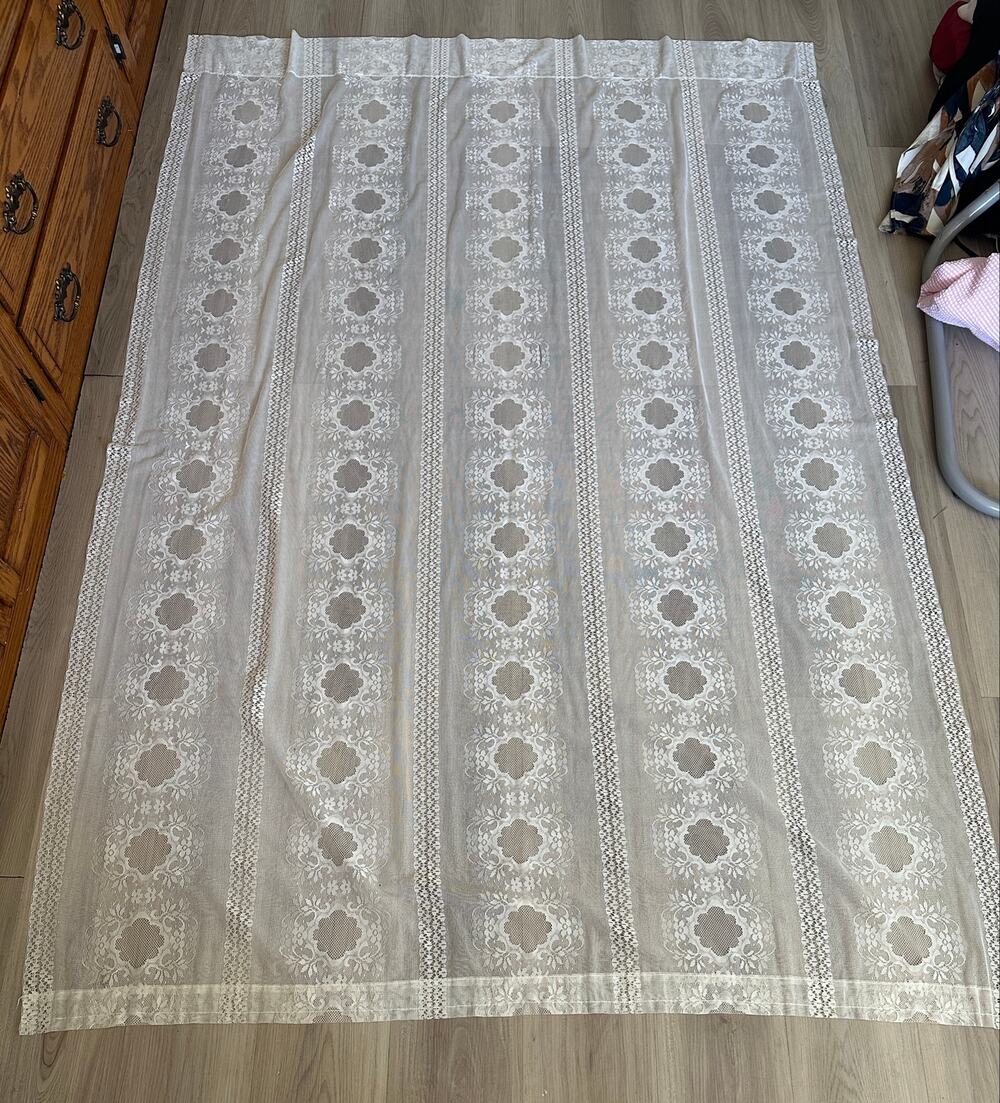 Cream Lace Curtain Panel Set Floral Medallion Pom Pom Valance 4 Pc Cottagecore